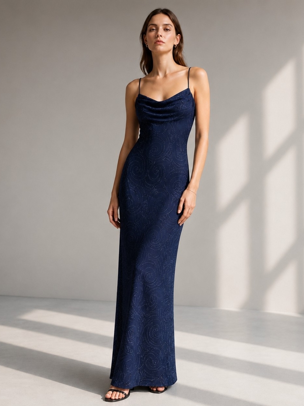 Vintage 90s Navy Blue Glitter Maxi Dress Size 6 Y2K Cowl Neck Fairy Grunge
